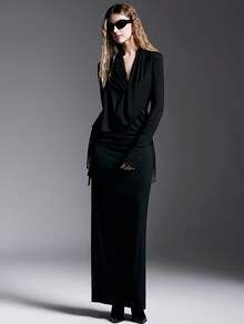 MYSTAURA Personalized Design Plunging Neckline Long Sleeve Drawstring Waist Skirt Set - Black - View 5