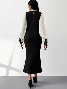 MaterniWear Roupas de Trabalho para Gestantes, Roupas de Trabalho para Gestantes, Vestidos para o Trabalho, Roupas de Outono, Roupas de Outono/Inverno para Gestantes, Vestido Elegante Ajustado com Babados em Blocos de Cores, Gola Alta, Manga Lanterna e Barra Cauda de Sereia para Gestantes, Vestido Maxi de Tricô, Vestidos de Tricô para Mulheres, Vestido Longo Casual, Vestido Suéter Modesto, Vestido de Gestante, Vestido para Gestantes, Roupas de Gravidez, Looks para Gestantes, Vestido de Amamentação - Preto - Ver 7