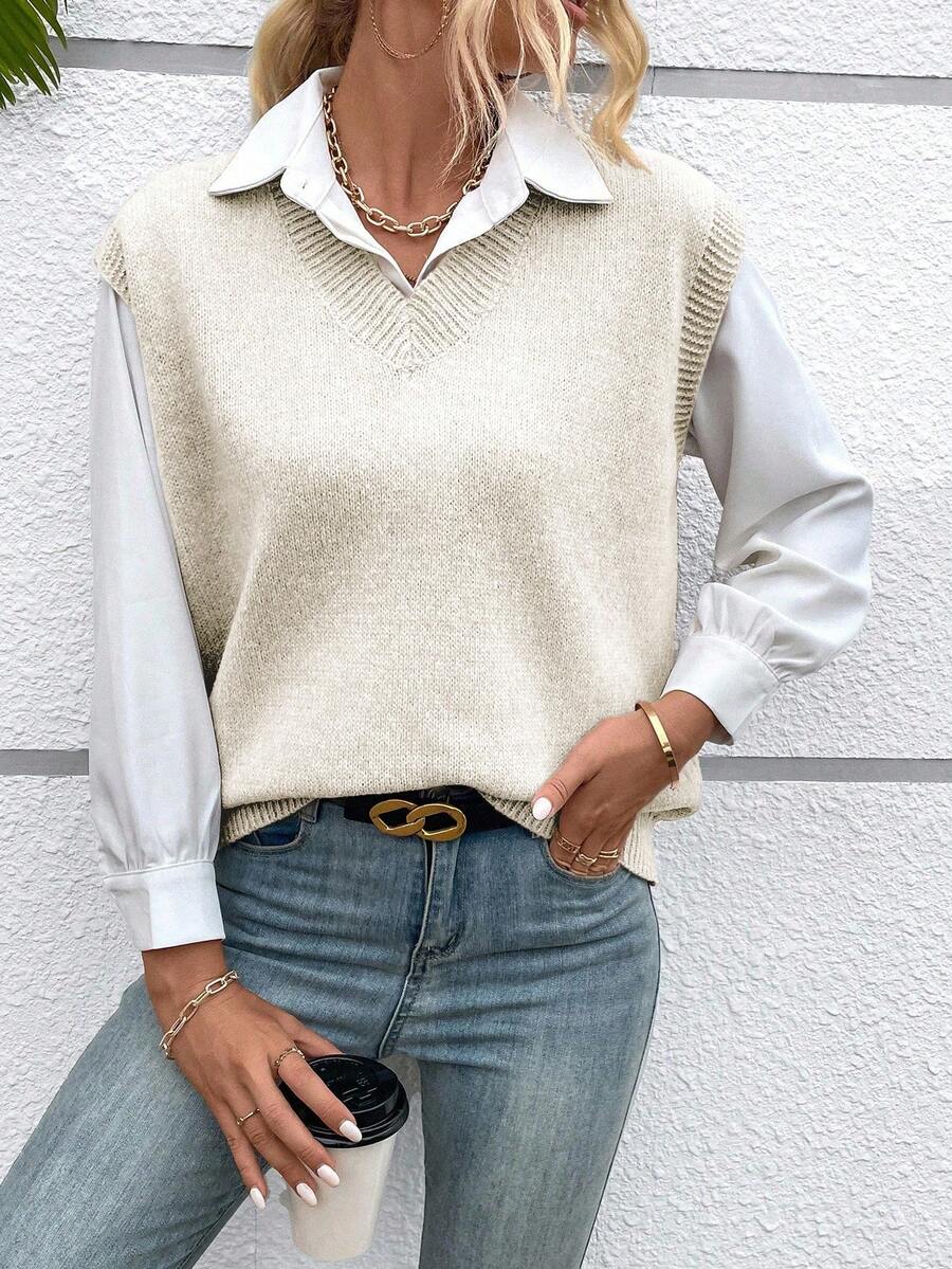 SHEIN LUNE Chaleco de punto de unicolor con cuello en V, casual y versátil - Beis - Ver 1
