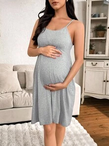 Moonlight&Mama 2pcs Contrast Trim Minimalist Collar Casual Letter Embroidery Robe & Slip Dress Maternity Loungewear Set, Fall Clothes, Cozy Outfit - Light Grey - View 6