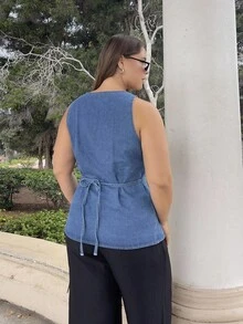 Nezia Cruz 女式方领单排扣无袖休闲牛仔上衣