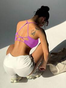 SHEIN Sports 女士纯色交叉后背日常健身运动文胸 - 紫色 - 查看 2