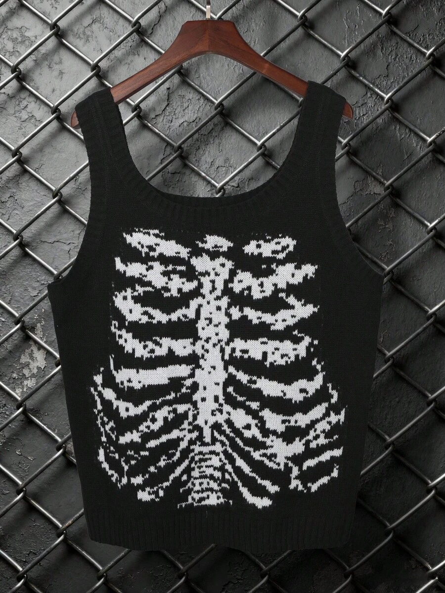 Manfinity Roughcore Men's Skeleton Pattern Knitted Sleeveless Sweater Vest,Black And White Streetwear For Autumn Date,Halloween Casual 2 In 1 Style Fall Winter Gift - Black - View 1