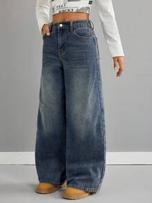 SHEIN 女童复古蓝色宽松低腰牛仔裤 - 深色水洗藍 - 查看 6