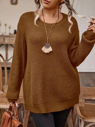 SHEIN LUNE 大码女式休闲日常通勤简约纯色落肩宽松套头毛衣，秋冬