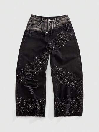 Street Life Herren Jeans mit Strass-Dekor und doppelter Taillenbandung, modischer Streetwear-Stil