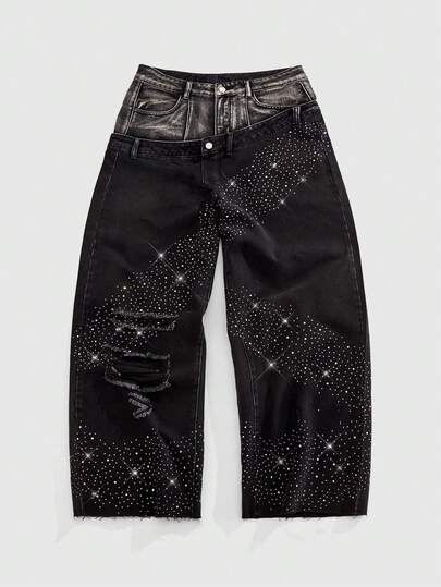 Street Life Jeans streetwear avec ceinture à double couche décorée de strass pour hommes