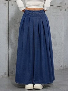 SHEIN Gonna di jeans plissettata a vita bassa extra lunga per ragazze adolescenti, gonna a-line casual in colore unito con orlo ampio, abbigliamento casual quotidiano, abbigliamento da festa per ragazze, pantaloni da festa autunnale e invernale per ragazze, abbigliamento vintage casual e versatile, adatto per scuola, casa e viaggio, costume di Ognissanti per ragazze - Blu lavato scuro - Visualizzare 3