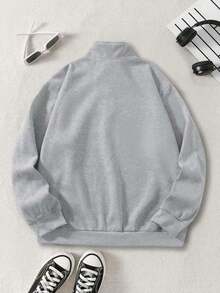 Manfinity Homme 男士立领半拉链卫衣，简约三角山峰印花，百搭风格，适合日常休闲及办公通勤。 - 淺灰色 - 查看 4