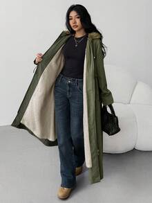 SHEIN Teens Girls' Loose Casual Minimalist Comfortable Hooded Thermal Lined Warm Cinched Waist Long Jacket