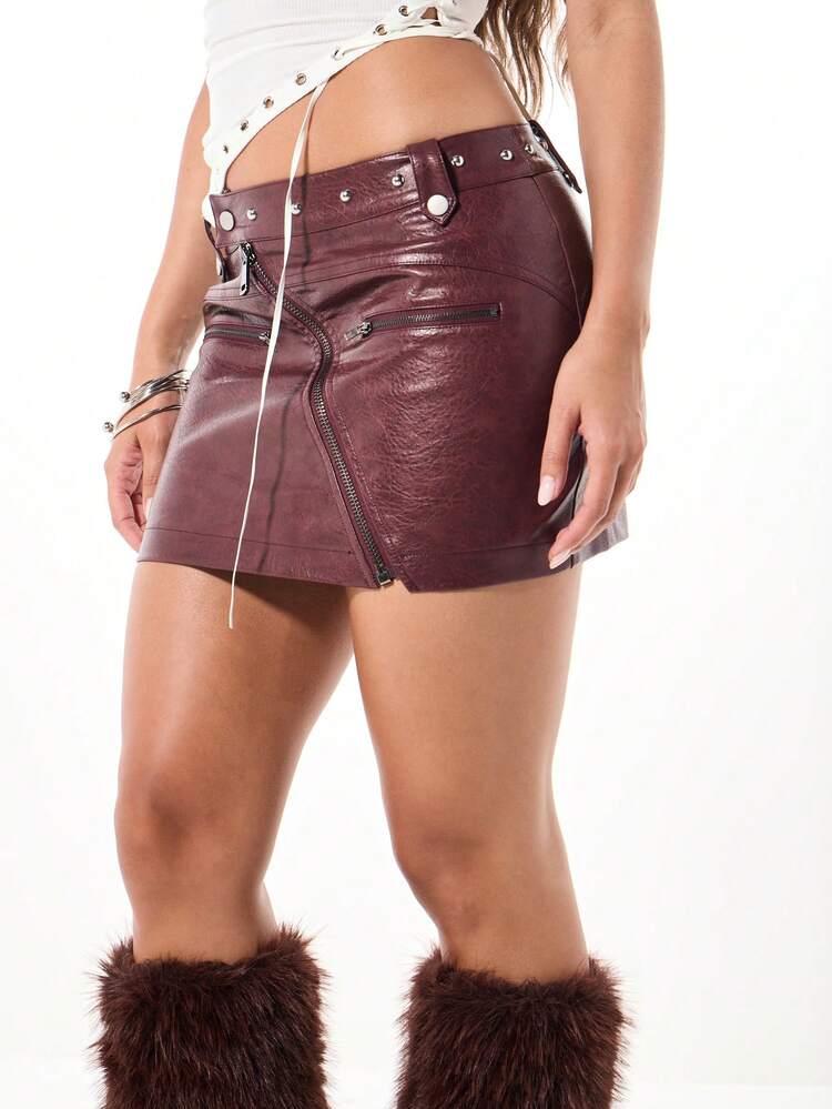SUMWON WOMEN Studded Faux Leather Mini Skirt With Diagonal Zipper