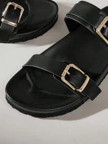 Solecia Casual Black Flat Sandals With Metal Square Buckle, Perfect For Vacation Spring Shoes Spring Break Easter For Christmas - Black - View 6