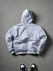 Manfinity Roghcode Men's Loose Hooded Long Sleeve Zip Up Windbreaker Jacket,Double-Zipper Design,Light Grey,Winter,Streetwear,Vacation,Fashionable Outdoor Outerwear,Gift - Light Grey - View 2