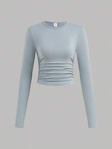SHEIN Girlism Set de 3 camisetas de manga larga con cuello redondo y fruncido de unicolor para adolescentes - Multicolor - Ver 4