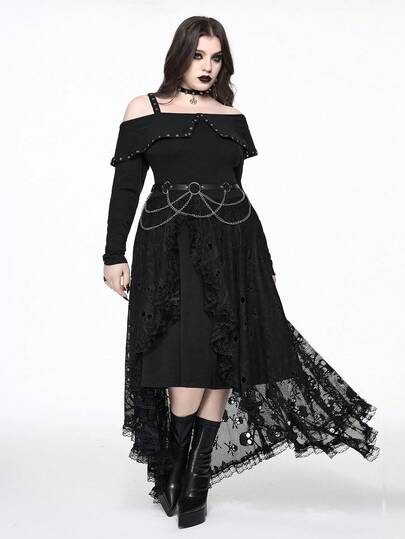 Goth Vestido de talla grande con estampado de calavera jacquard, con encaje asimétrico, un tirante, para otoño/invierno, estilo gótico, vestido casual de talla grande para otoño/invierno