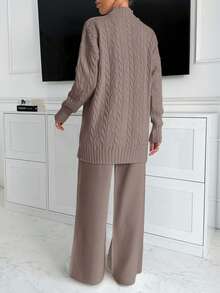 EURMUSE Women High Neck Sweater And Maxi Sweater Skirt 2 Two Pieces Set Co-Ords - Mocha Brown - View 2