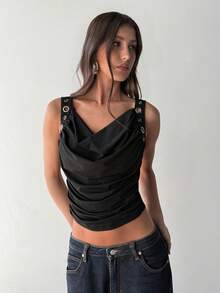 Aloruh Women's Solid Color Cowl Neck Eyelet Design Cropped Tank Top Black Crop Top Women Buckle Top Tops Cute Women Tops Cute Tops Party/Nightclub/Y2K - Black - View 4
