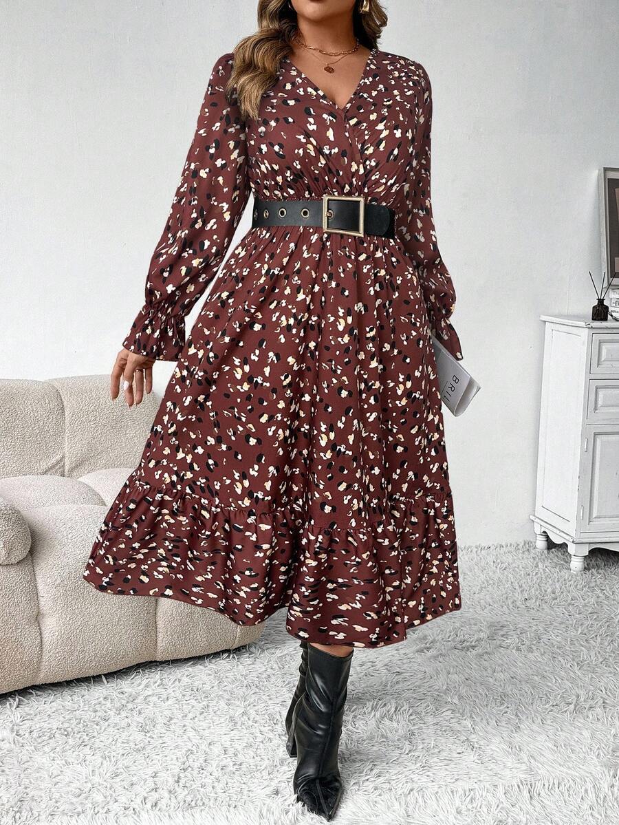 EMERY ROSE 大码女式秋冬时尚休闲 V 领碎花长款束腰连衣裙,修身廓形长款女装 - 彩色 - 查看 1