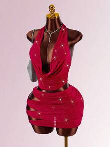 Amplova 女式水钻装饰两件套：性感低胸上衣和超低腰镂空蝴蝶结露背裙 - 酒紅色 - 查看 6