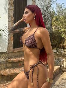 Bearsaez Springbreak 2pcs Women Summer Random Print Spaghetti Strap Metal Decor Vintage-Style Bikini Swimwear Set - Coffee Brown - View 3