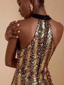JIAN LASALA Wavy Sequin Halter Bodycon Mini Dress Women Elegant Party Dress Luxury Stylish Clothing Collection Sequence Dress Special Occasion Dress Metallic Dresses For Women Gold And Black Dress Women Gold Sequin Dress Sequin Dress Chain Dress Graphic Dress - Black and Gold - View 9