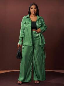 Slaydiva Sage Green,Autumn,Elegant,Formal Plus Size 2 Pieces Set Loose Shirt Collar Long Sleeve Sparkly Top And Wide Leg Long Pants For Casual Streetwear Party - Green - View 8