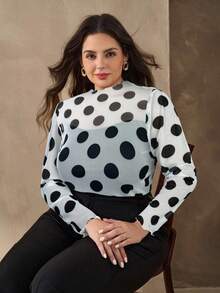 Chikora Plus Size Women Mesh Polka Dot Print Stretchy Fitted Blouse