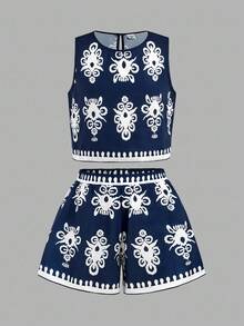 SHEIN Tween Girl Casual Fitted Vacation Print Crew Neck Cropped Sleeveless Tank Top And Shorts Woven Set - Navy Blue - View 3