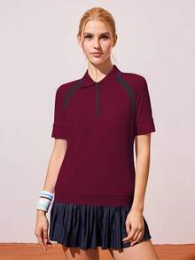 CourtClass CourtClass 女式休闲运动半拉链撞色插肩短袖网球 Polo 衫，夏季 - 酒紅色 - 查看 5