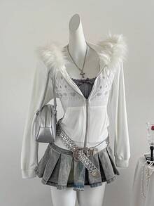 Sweetra Women's Contrast Fuzzy Trim Rhinestone Embellished Hooded Long Sleeve Sweatshirt, Christmas, Zip Up Sweatshirt, White Top, Autumn, Winter - White - View 4