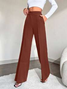 EURMUSE Women's Solid Color High Waist Straight Leg Suit Pants, Office Wear - Rust Brown - View 3