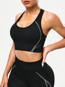 SHEIN Sports 1 件基本款无缝运动文胸，吸湿排汗面料，交叉肩带设计，黑色/白色 - 黑與白 - 查看 3