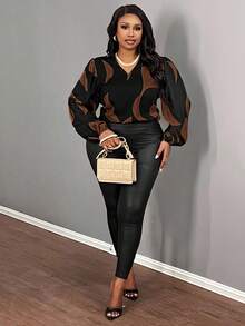 Slaydiva Plus Size Casual Commuter V-Neck Long Sleeve Loose Printed Shirt, Autumn Fall - Chocolate Brown - View 6
