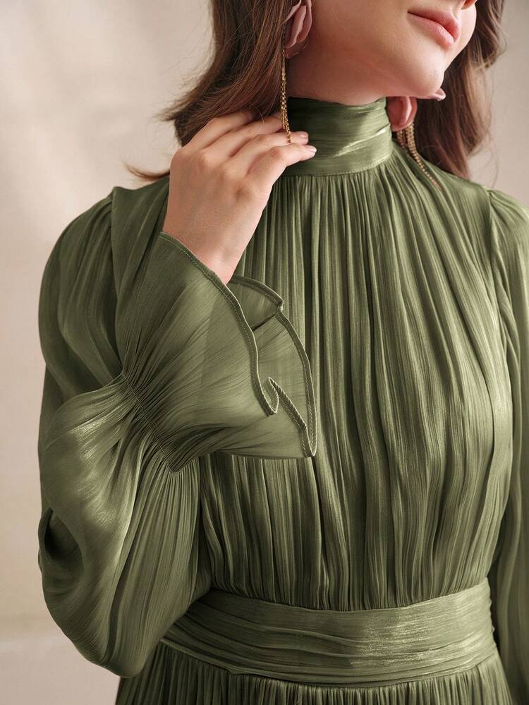 New Elegant Vintage Solid Color Asymmetrical Ruffle Hem Flare Sleeve Maxi Dress, Suitable For Fall, Winter, New Year, Party, Wedding, Elegant, Chic, Stylish, Evening Dress
