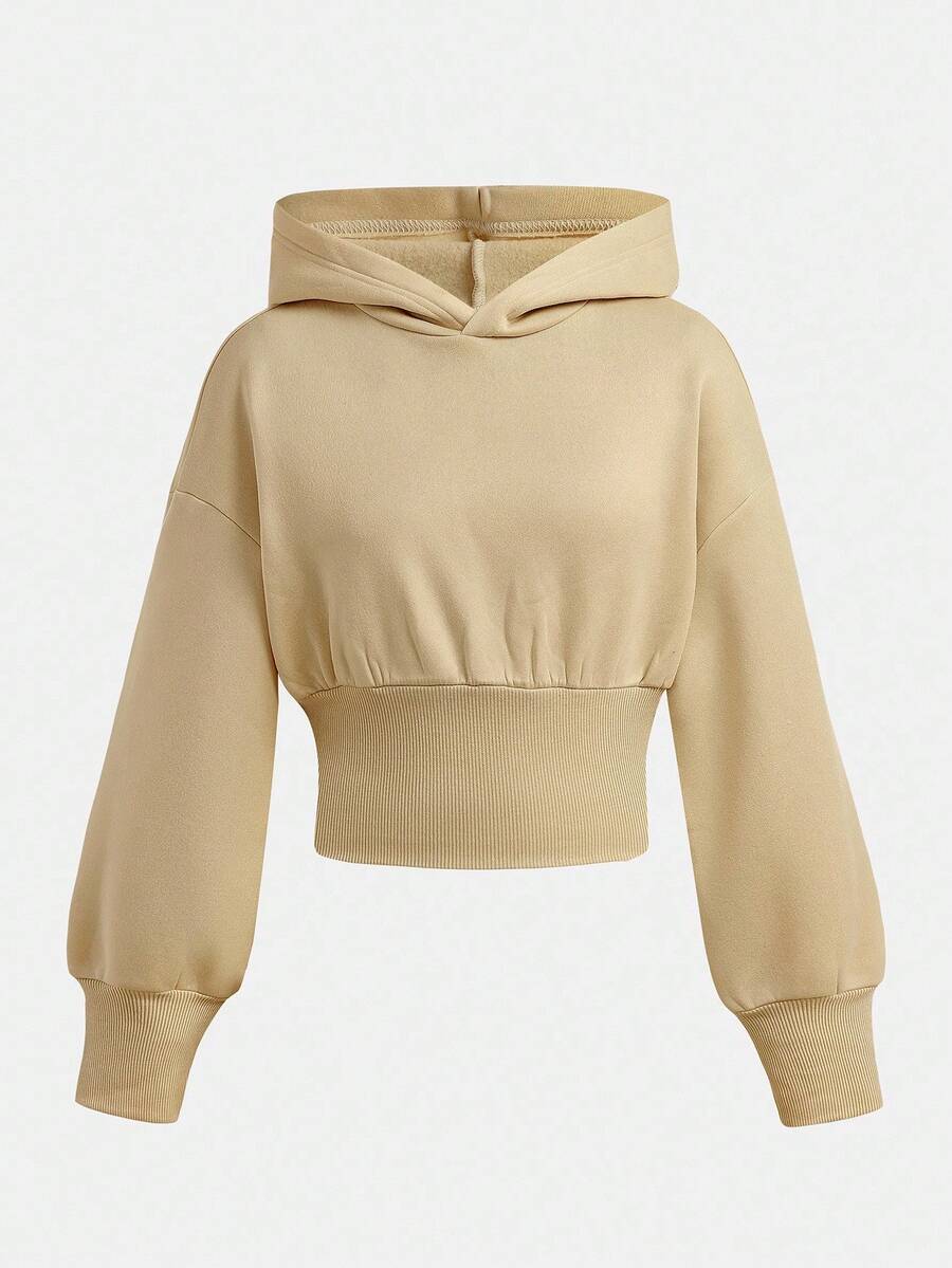 SHEIN 少女深灰色连帽短款高腰长袖休闲简约纯色运动衫 - 杏色 - 查看 1