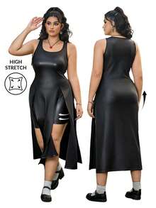 SHEIN EZwear Plus Size PU Leather Slit Backless Tank Top And Leggings Set - Black - View 1