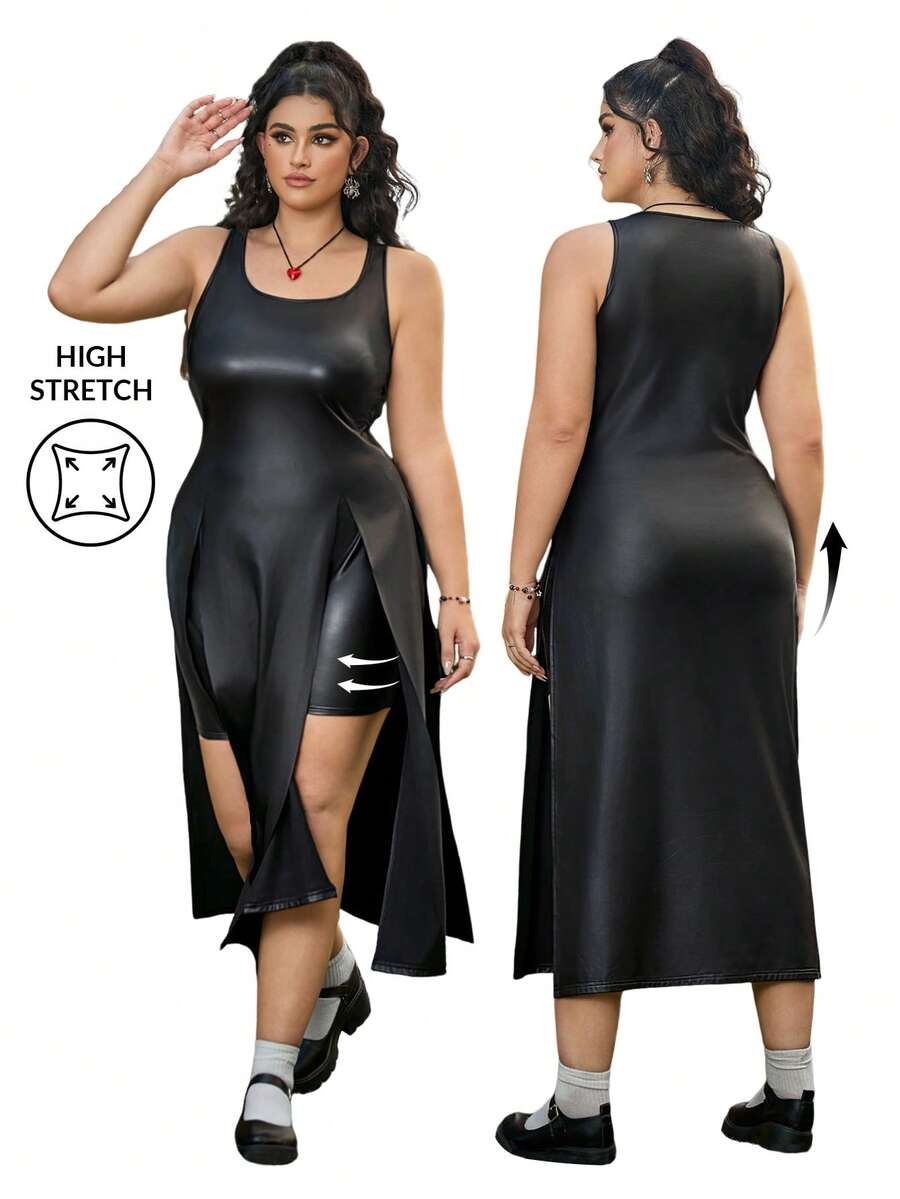 SHEIN EZwear Plus Size PU Leather Slit Backless Tank Top And Leggings Set - Black - View 1