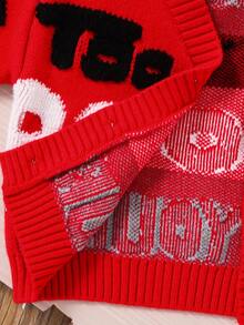 SHEIN Baby Boy/Girl Minimalist Letter Pattern Knit Soft V-Neck Long Sleeve Cardigan Sweater, Casual & Fashionable For Indoor & Outdoor, Autumn/Winter