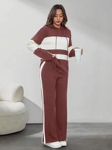 SHEIN Tall Two Tone Drop Shoulder Drawstring Hooded Sweater & Split Hem Knit Pants - Dusty Pink - View 5
