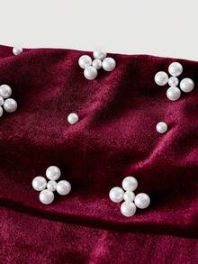 SHEIN 青少年女孩休闲日常外出串珠天鹅绒腰部收紧吊带裙，适合生日派对、红色连衣裙、圣诞节、新年 - 酒紅色 - 查看 8