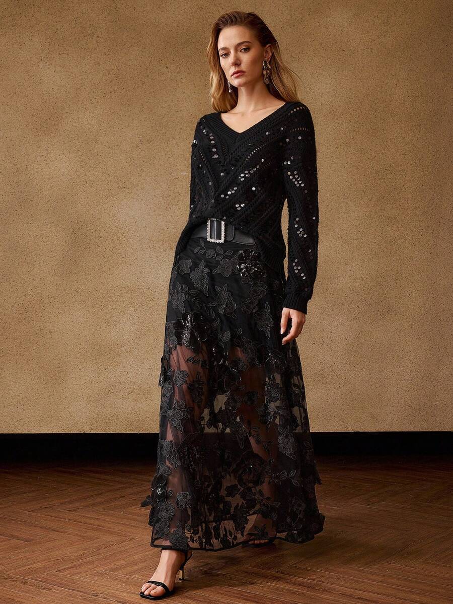 MOTF PREMIUM 撞色亮片贴花裙，适合约会、冬季