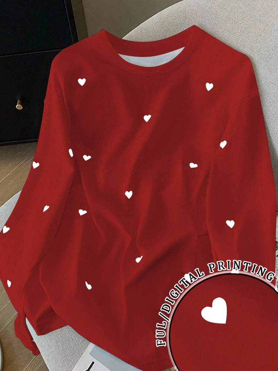 SHEIN Áo thun dài tay cổ tròn in hình trái tim dành cho nữ - Đỏ - Xem 1