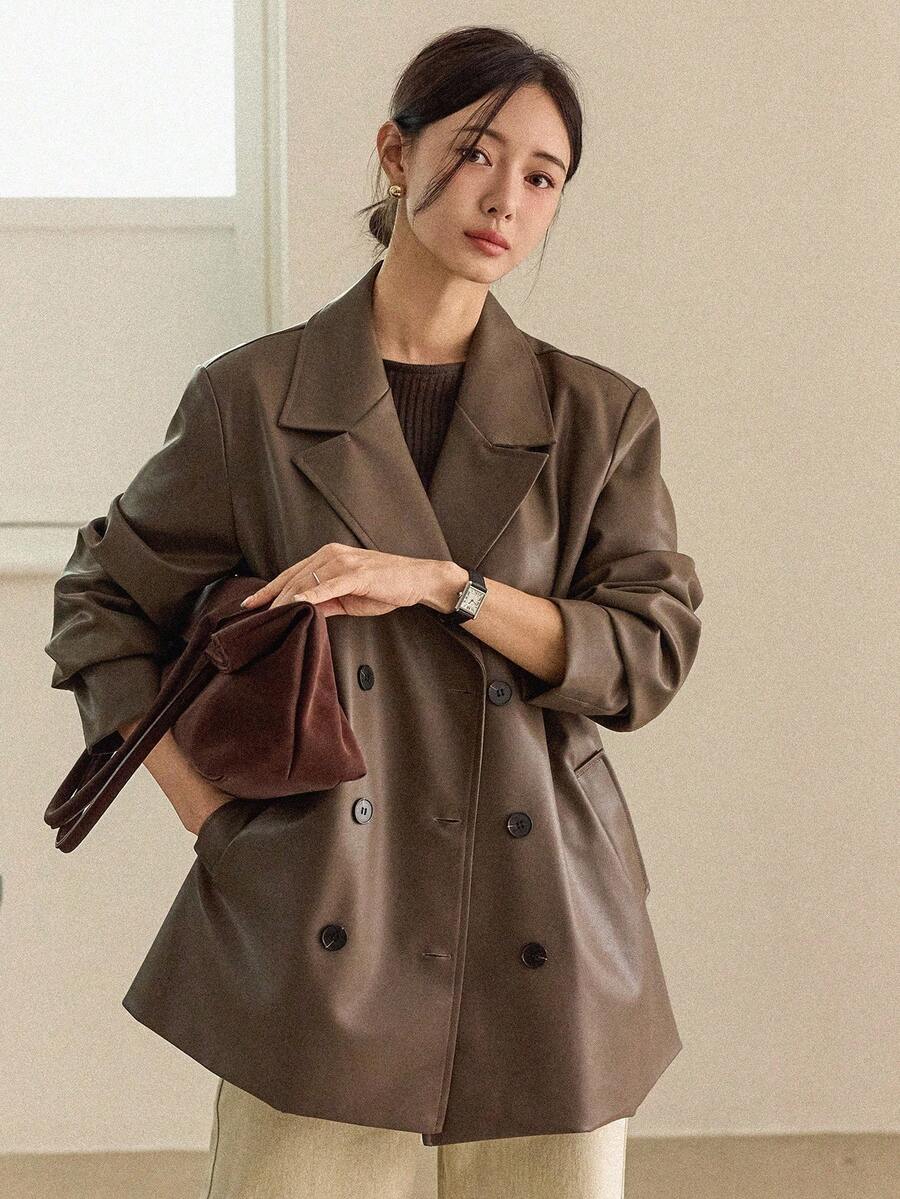 Dazy-Less 女士纯色翻领长袖双排扣休闲宽松常规夹克,秋季女士皮夹克外套商务休闲女装 - 棕色 - 查看 1