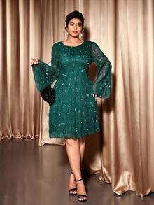 Cravure Đầm xòe cổ tròn dáng chữ A tua rua kim sa cỡ lớn dành cho nữ, Đầm sinh nhật, Đầm dự tiệc, Đầm dạ hội trang trọng thanh lịch - Màu xanh lá cây đậm - Xem 1