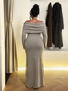 Maweii Đầm len dáng dài tay dài hở vai màu trơn thanh lịch dành cho nữ, dáng ôm bó, thắt nơ, cỡ lớn, váy len bó sát, váy maxi dự tiệc, mùa xuân thu đông - Màu Khaki - Xem 3