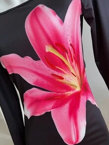 1pc Teenage Girls' Round Neck Long Sleeve Dress, Front Floral Print, Back Slit Hem, Casual Vacation Dress, Autumn Fall Winter - Black - View 4