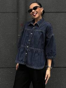 DAZY Women's Turndown Collar Puff Sleeve Loose Casual Denim Blouse - Dark Wash - View 4