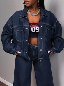 Slaydiva 女士休闲落肩宽松牛仔外套，秋季长袖外套，适合秋冬季节穿着，Y2K风格牛仔外套 - 深色水洗藍 - 查看 6