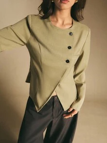 Poéselle 女士绿色西装外套，不对称纽扣门襟西装外套，单排扣长袖休闲西装外套，适合秋冬季新年休闲穿着 - 綠色 - 查看 6