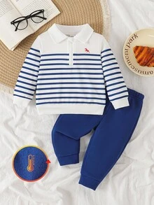 SHEIN 2pcs Boys Casual Blue & White Striped Polo Collar Outfit, Horse Embroidery Top + Elastic Cuff Pants, Autumn/Winter
